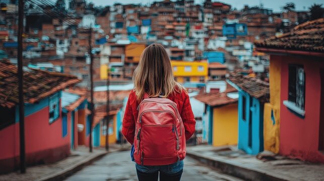 Woman with Backpack Exploring Colorful Cityscape