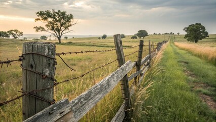 Obraz premium Barbed wire fence and weathered wooden post in a golden field at sunrise, rural America, farmland, agriculture, property line, peaceful scene