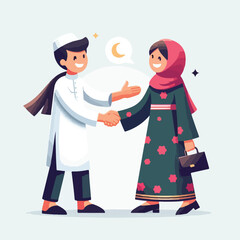 A minimalist flat design of two friends exchanging Eid greetings with a handshake, wearing traditional clothes, with soft shadows on a white background