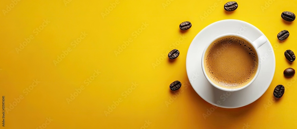 Poster aromatic coffee cup centered on a vibrant yellow background with coffee beans scattered around provi