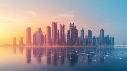 Obraz premium A skyline view of a modern city at sunset, reflecting on water with digital connections.