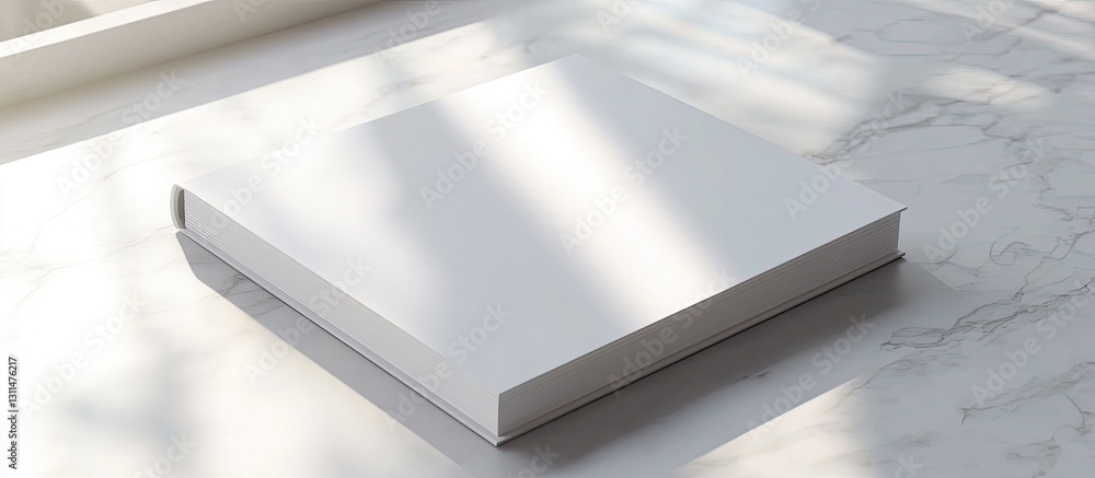 Poster minimalistic white book mockup positioned at an angle on a marble surface with soft natural light ca