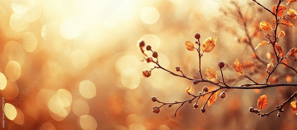 Poster Autumn branch with golden leaves in soft focus on the right, warm orange and yellow background with bokeh effect providing serene copy space.