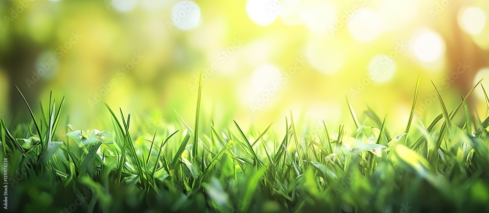 Poster bright green summer grass with soft bokeh effect in the background, capturing warmth and freshness, 