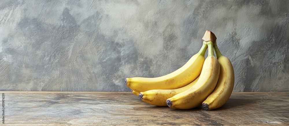 Poster Yellow ripe bananas arranged on a rustic wooden table with a textured gray wall in the background creating an appealing natural contrast