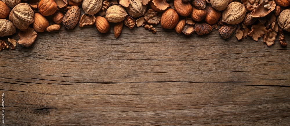Aufkleber mixed nuts and shells partially border a rustic woodgrain background with ample copyspace, showcasin