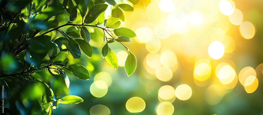 Poster abstract golden sunlight filtering through lush green leaves with soft bokeh effect, creating a sere