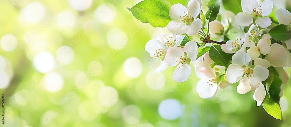 Poster delicate white apple tree blossoms with green leaves on a soft blurred green background creating a s