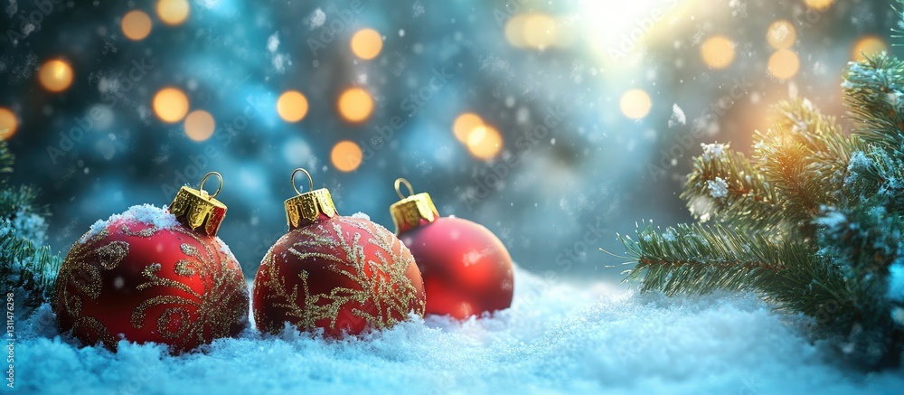 Aufkleber Red and gold Christmas ornaments nestled in fresh snow with glistening bokeh lights and evergreen branches in soft focus background.