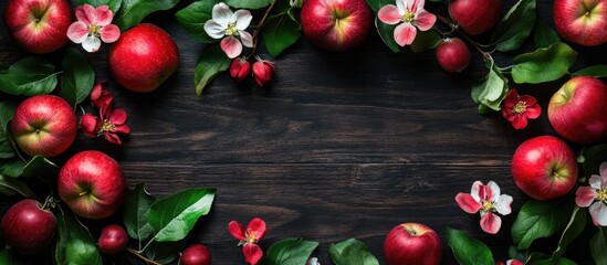Lush red apples and delicate spring flowers framed on a dark wooden surface creating a vibrant natural border featuring green leaves and blossoms