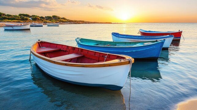 Group of various boats resting on a sandy shore under clear blue sky at a serene coastal location