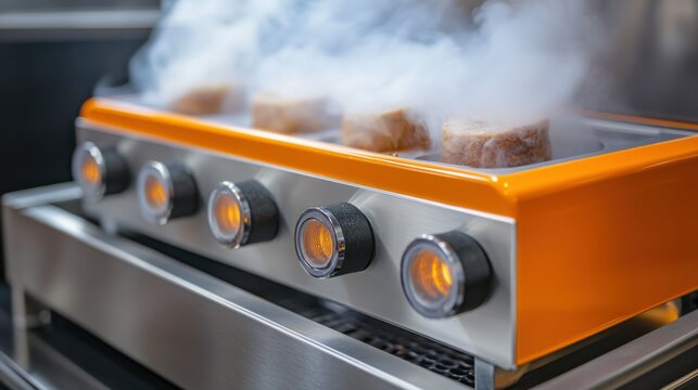 Modern orange electric grill with cooking food and steam in kitchen setting