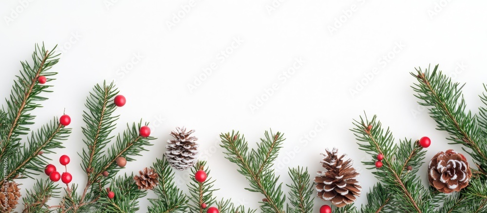 Poster festive christmas arrangement with fir branches red berries and pine cones on white background top v