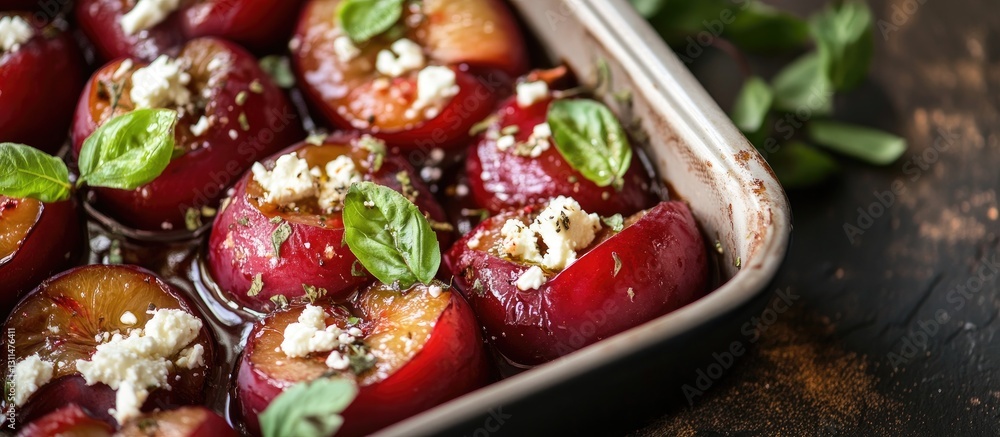 Poster baked plums garnished with feta cheese in a rectangular dish featuring deep red and green colors wit