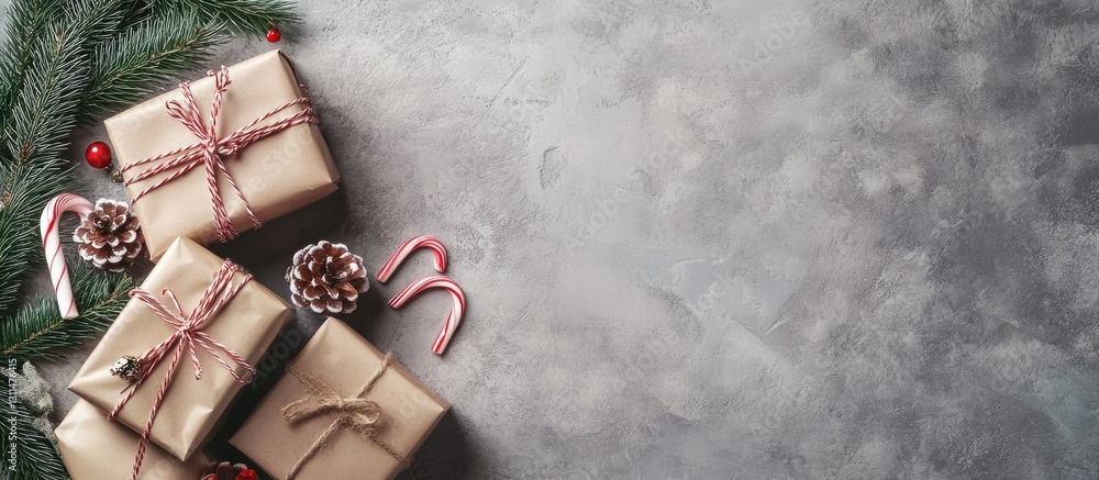 Aufkleber craft paper gifts tied with twine alongside candy canes and fir branches on a textured gray concrete