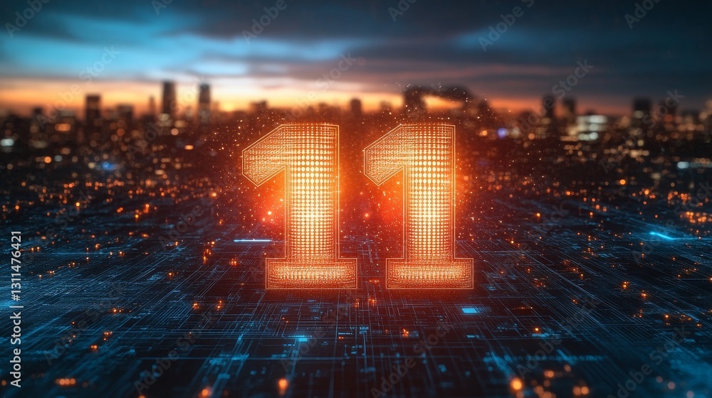 Poster digital number 11 glowing on futuristic city skyline background with circuit board pattern.