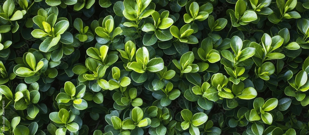 Poster close-up of vibrant green boxwood leaves in a spring garden setting with lush shrubbery creating a d
