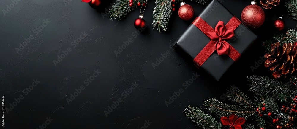 Poster elegant black gift box wrapped with red ribbon surrounded by festive red ornaments and pine branches