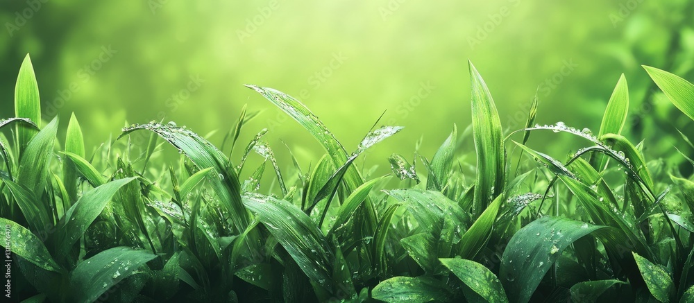 Poster lush green grass backdrop with vibrant blades and dew droplets glistening in soft light creating a s
