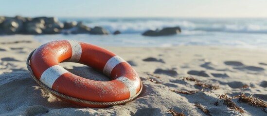 Bright orange lifebuoy with white stripes resting on sandy beach with gentle waves in background, warm sunlight creating a serene atmosphere.