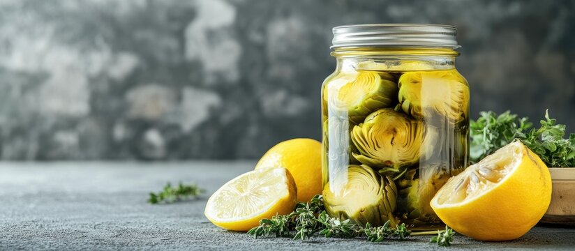Canned artichokes in olive oil in a glass jar with sliced lemons and fresh herbs on a gray kitchen table background with copy space and selective focus