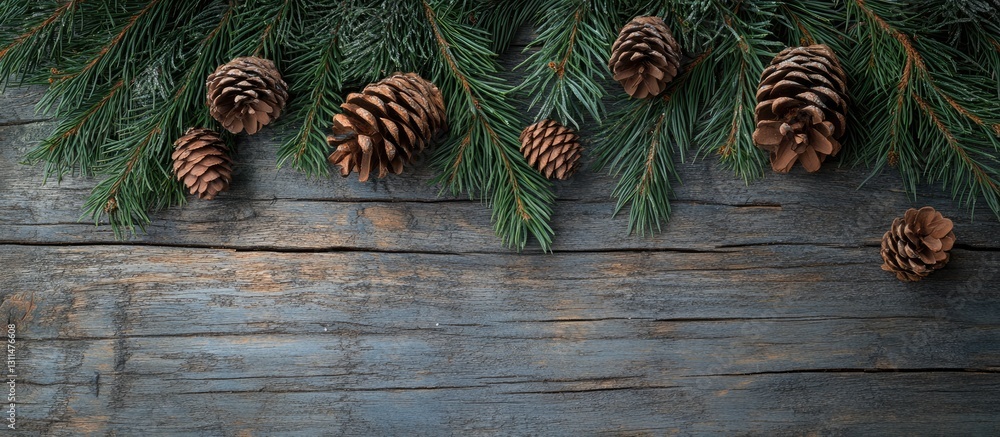 Poster festive arrangement of spruce branches and pine cones on a rustic weathered wooden background in gre