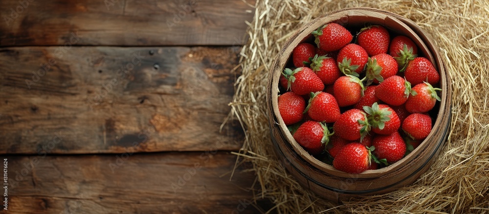 Poster Wooden bucket overflowing with fresh strawberries positioned centrally on straw, surrounded by rustic wooden surface with ample copy space.