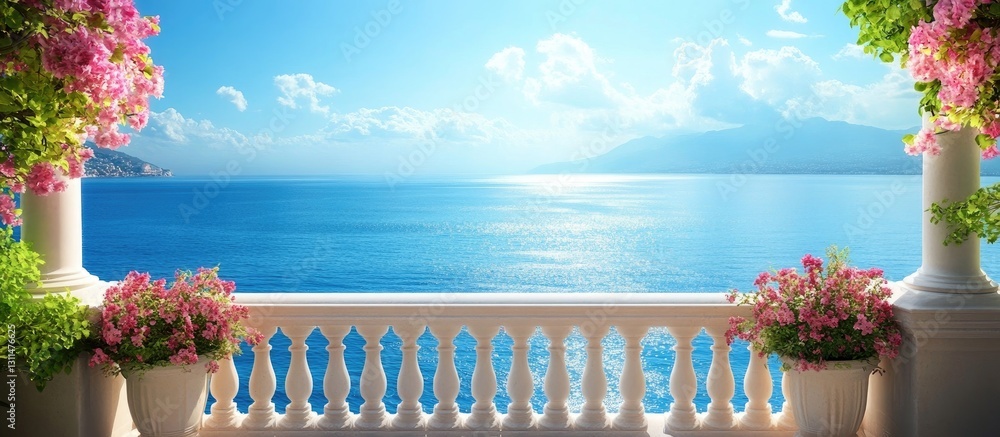 Poster scenic balcony with vibrant pink flowers in pots framing a shimmering sea view under a clear blue sk