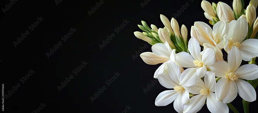 Aufkleber clusters of white tuberose flowers and creamy buds against a black background with ample copy space 