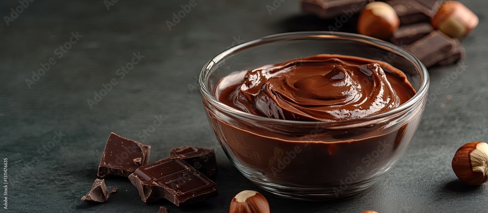 Poster chocolate cream in a glass bowl with smooth texture surrounded by chocolate pieces and hazelnuts on 