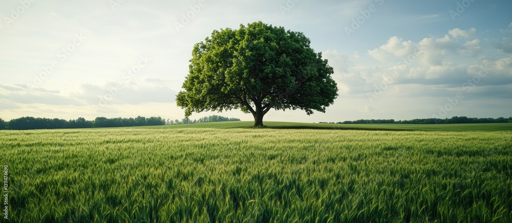 Poster lush green field with vibrant early wheat surrounds a large tree centered against a clear blue sky f