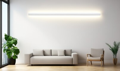 Modern living room with minimalist linear LED wall light, beige sofa, armchair, and plants.