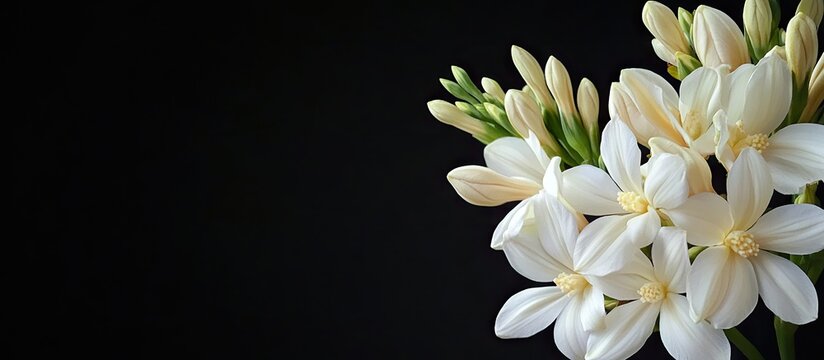 Clusters of white tuberose flowers and creamy buds against a black background with ample copy space on the right for text or design elements.