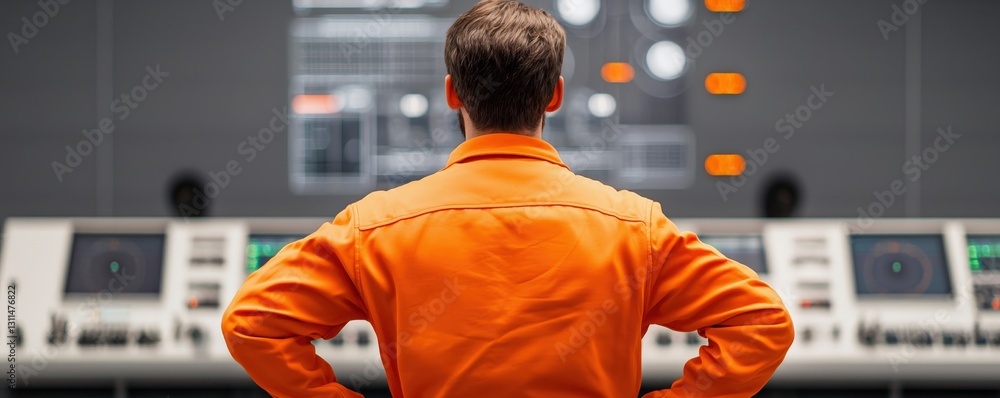 Poster maintenance technical efficiency optimization concept. technician monitoring control panel in orange