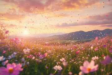 Obraz premium Beautiful sunset over blooming wildflower field with petals in the breeze
