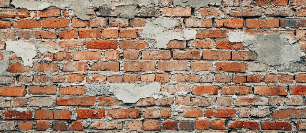 Poster textured brick wall displaying a mix of red and gray bricks with peeling plaster in the center, idea