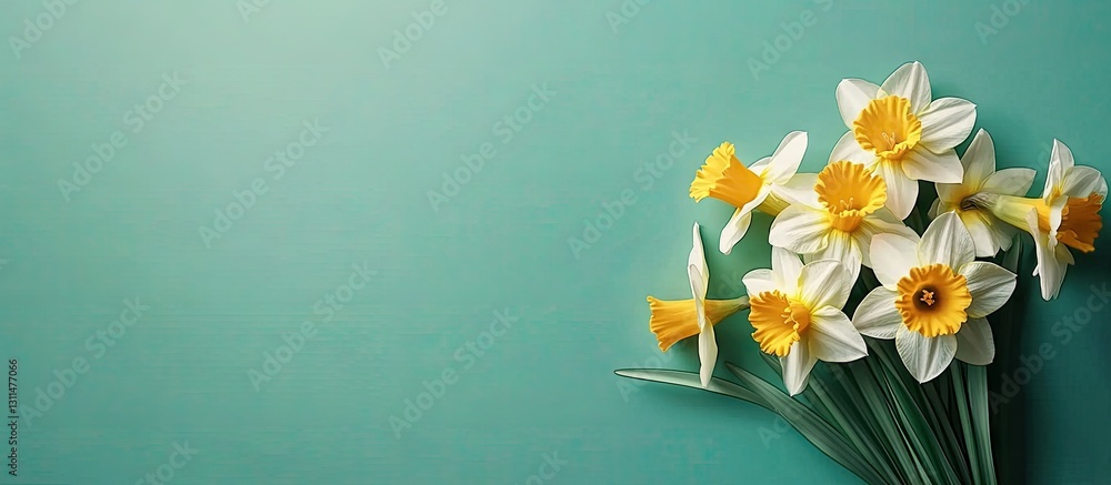 Poster spring daffodil bouquet featuring vibrant yellow petals on a teal green background with soft shadows