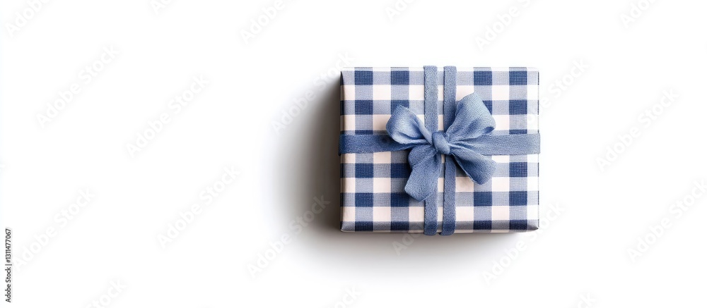 Poster Blue checkered gift box with a soft blue ribbon on a white background positioned centrally with shadows creating depth and ample copy space.