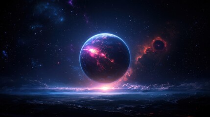 Alien planet sunrise over a nebula.