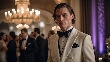 Young man at a restaurant wedding, exuding charm and elegance in a celebratory setting