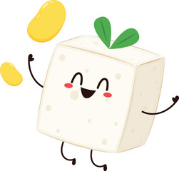Cute tofu cartoon. Happy cute smiling funny tofu. character design. Vegetarian nutrition, healthy food.