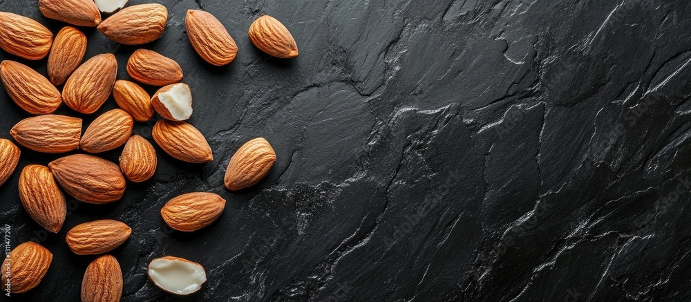 Poster arrangement of roasted almond seeds scattered on a textured black stone background with ample copysp