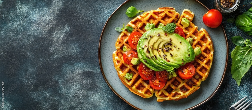 Poster delicious belgian waffles topped with sliced avocado and cherry tomatoes on a blue plate arranged ce