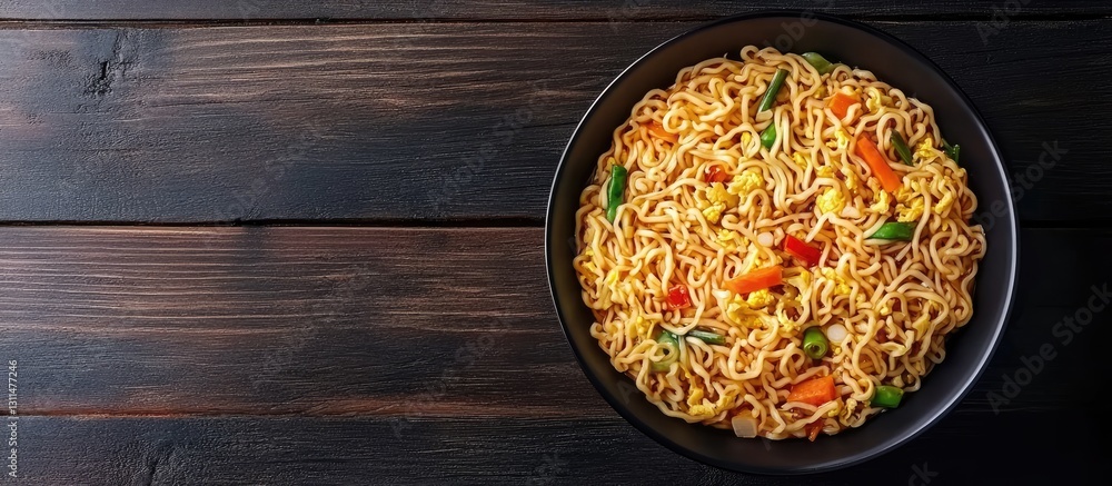 Poster bowl of colorful instant noodles with mixed vegetables placed centrally on a dark wooden table with 