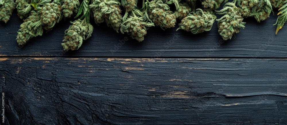 Aufkleber close up of fresh green cannabis buds arranged on a textured black wood surface with ample copy spac