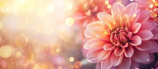 Obraz premium Vibrant flower garden with pink dahlia in sharp focus on the right and luminous bokeh with warm tones in the background creating soft light effect