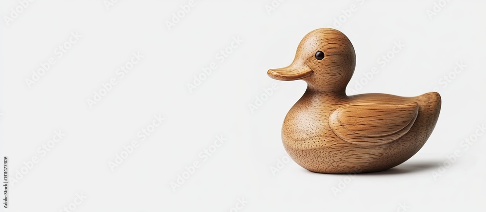 Poster wooden duck figurine in natural wood tones positioned right on a clean white background emphasizing 