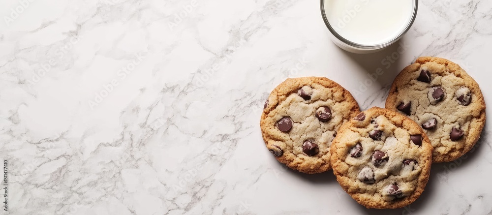 Aufkleber chocolate chip cookies arranged on a marble surface beside a glass of milk with visible chocolate ch