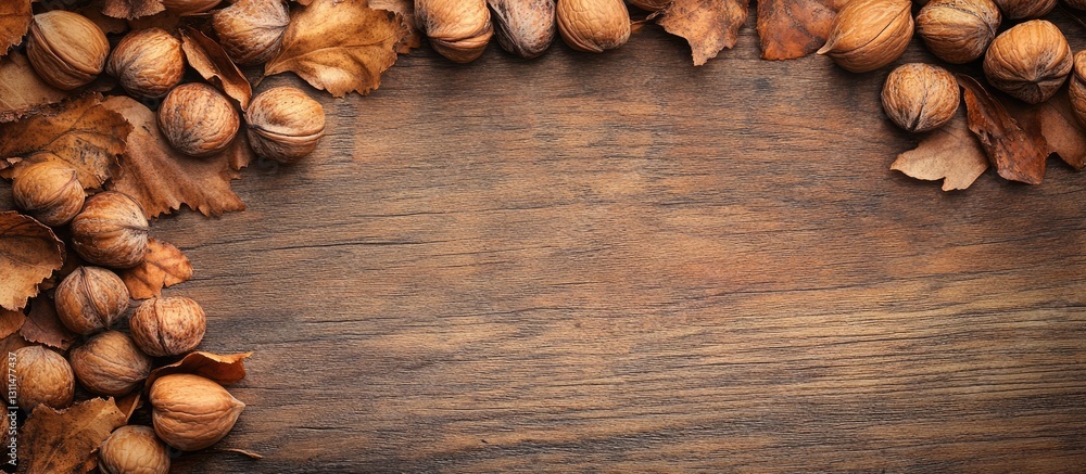 Poster Beech nuts and shells arranged along the top and left edges of a dark woodgrain background with ample copyspace in the center for text usage