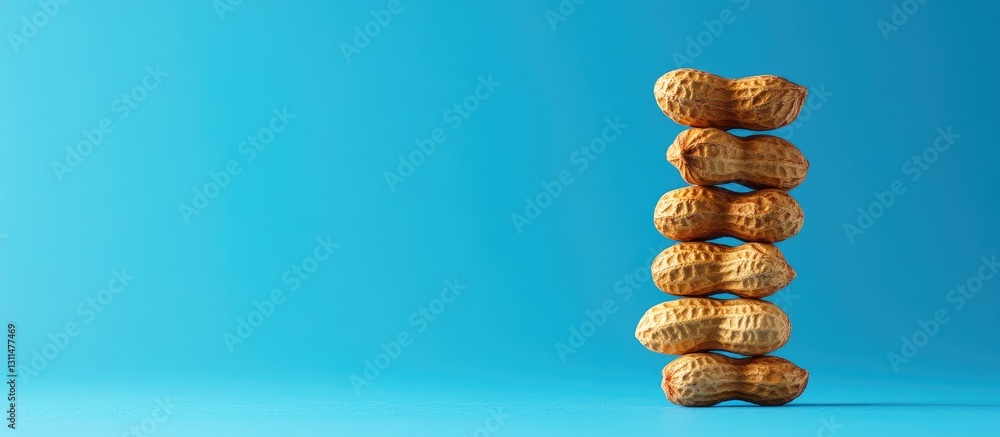 Poster Stack of roasted peanuts on a vibrant blue background with ample negative space for text, showcasing textures and rich golden tones.